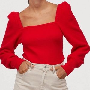 NWT Red H&M square neck puffy sleeves sweater